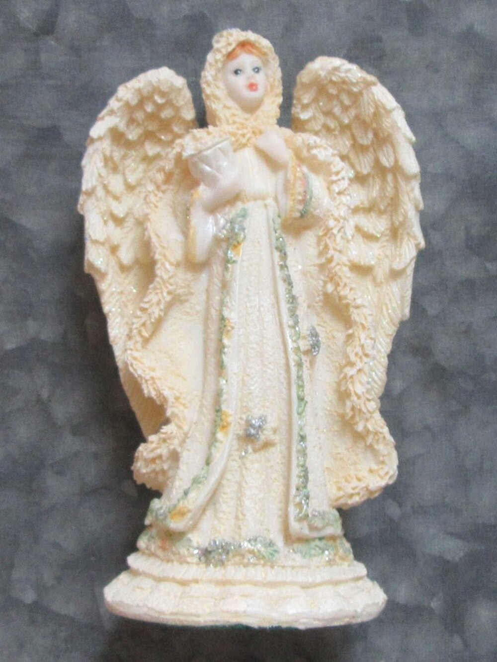 Vtg kitsch resin angel figurine in creams and silver K's Collection 5.5 inches